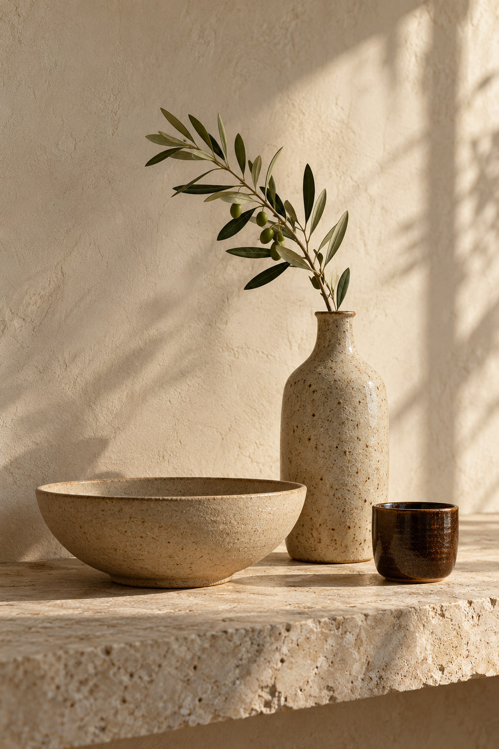 Stoneware bowl, speckled bottle vase with an olive branch and a small dark cup on a limestone ledge.