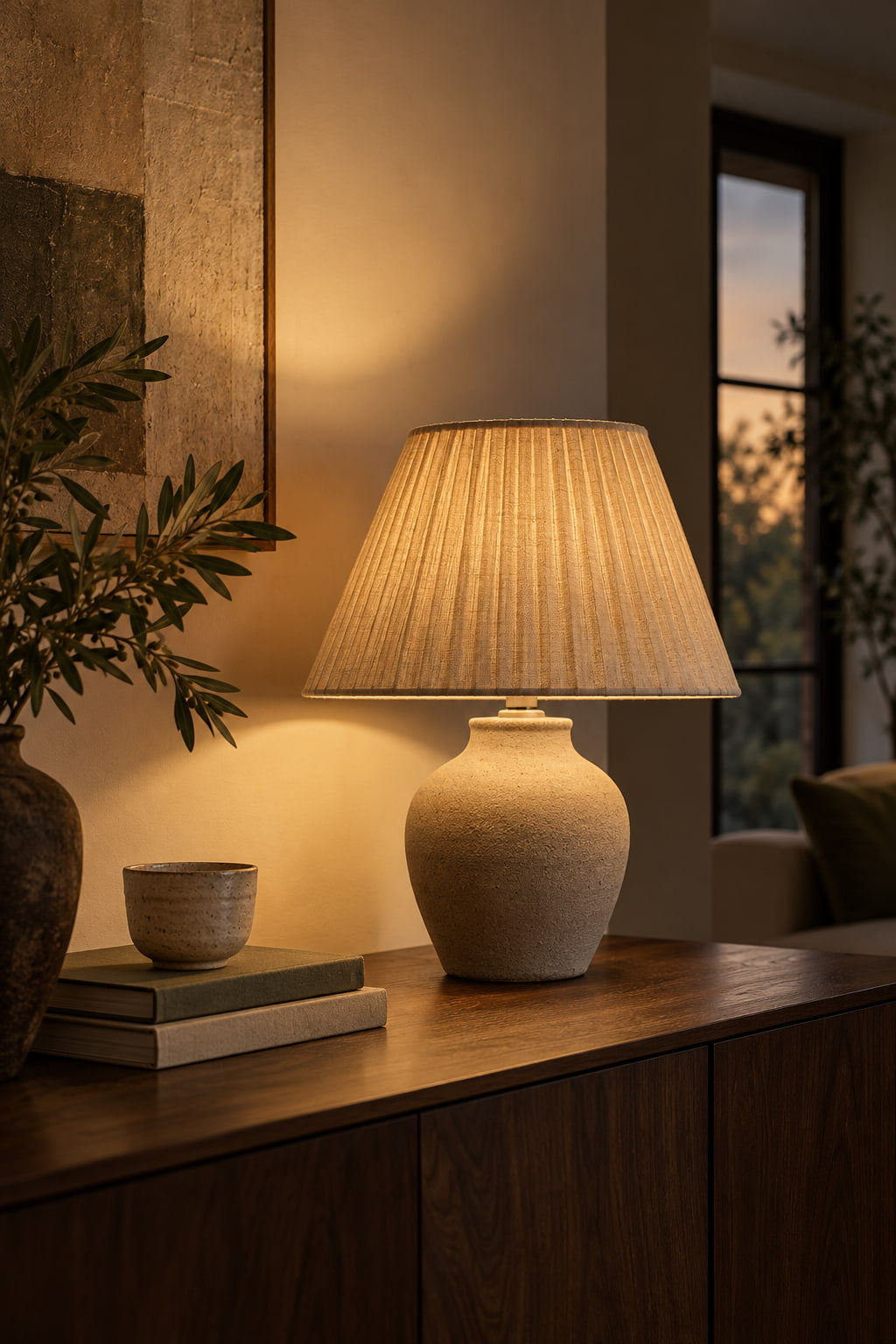 Table lamp with a pleated linen shade glowing on a walnut sideboard at dusk.