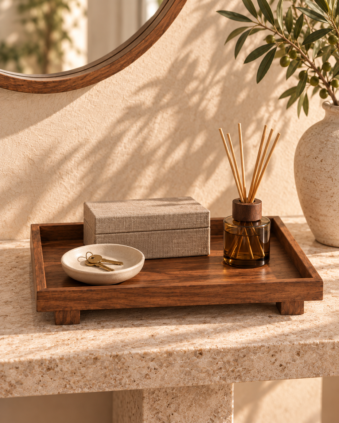 Wooden organiser tray with a linen box, ceramic key dish and reed diffuser.