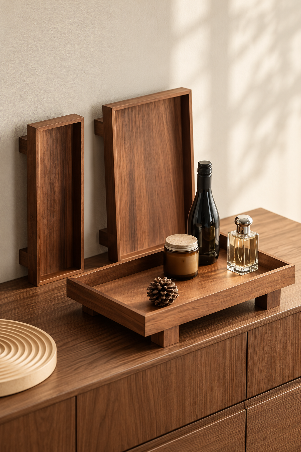 Wooden tray on a walnut sideboard with perfume bottles and a candle, two more trays leaning against the wall. Accessories not included.