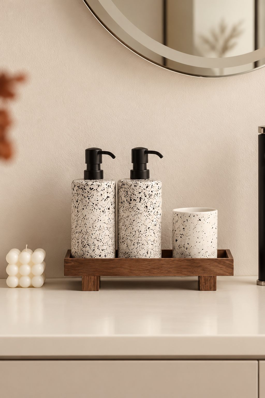 Slim walnut-tone wooden tray on a bathroom counter holding two speckled soap dispensers and a cup. Accessories not included.