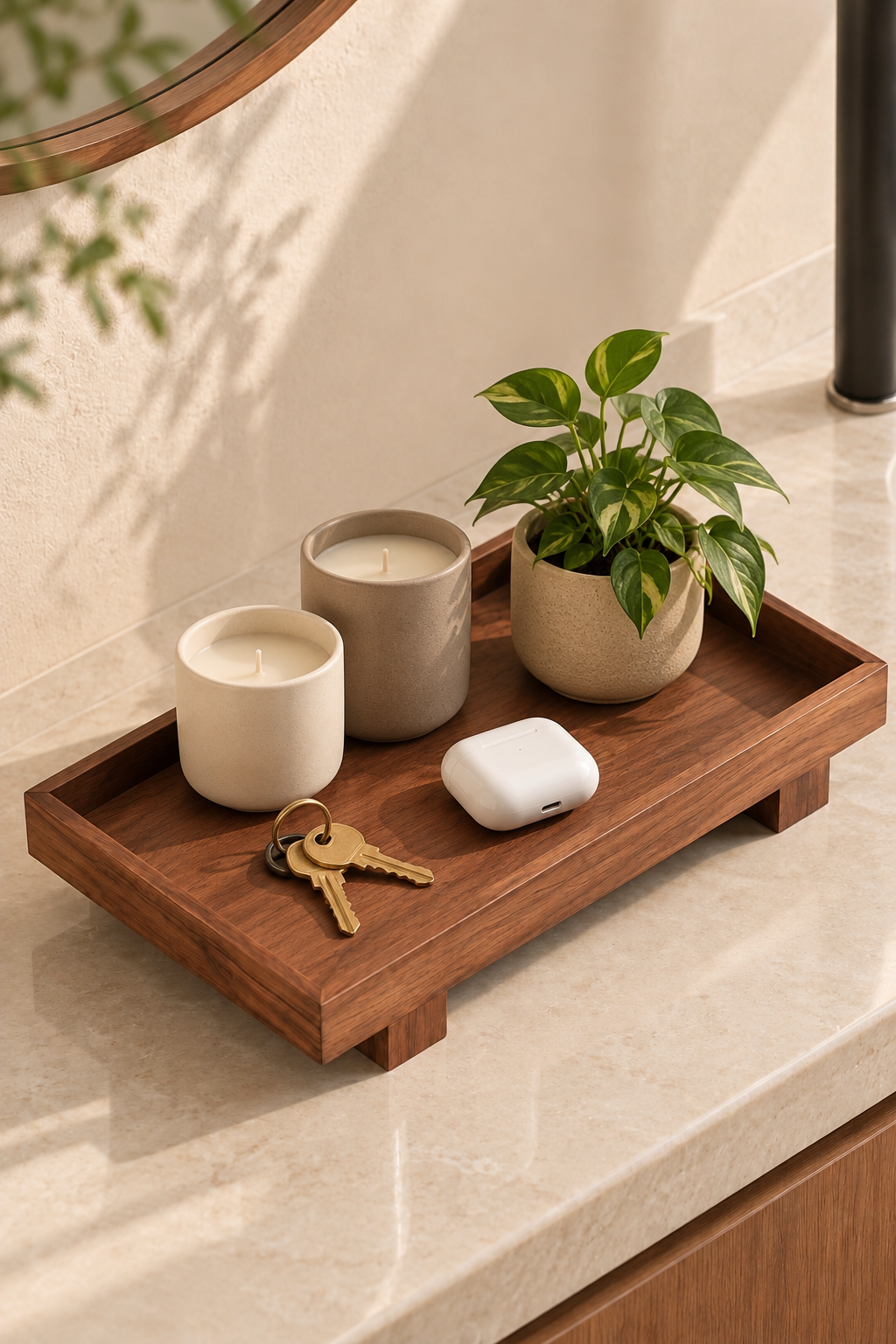 Wooden tray on a stone counter with two candles, a small plant, keys and earbuds case. Accessories not included.