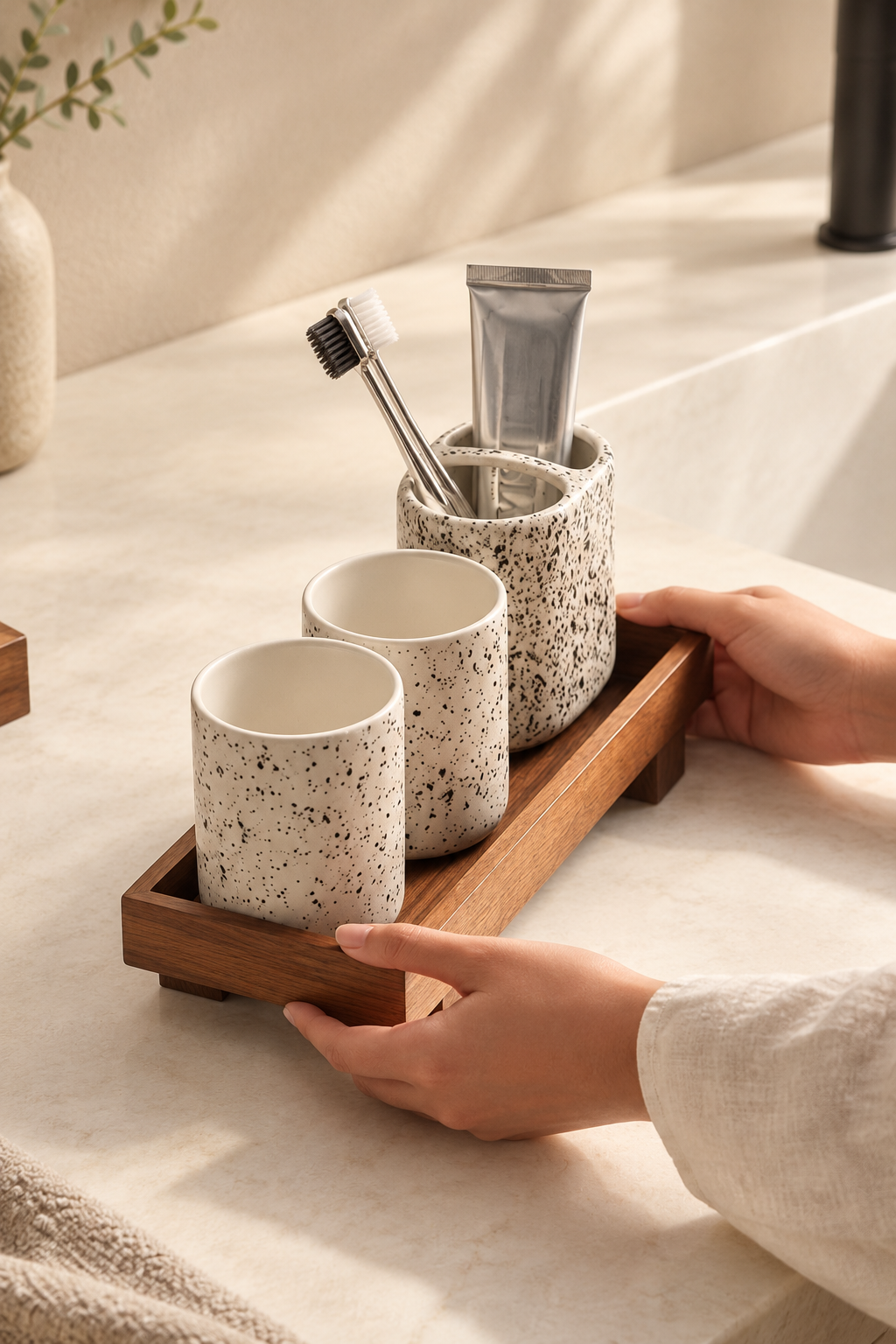 Hands holding the slim wooden tray with speckled toothbrush cups on a stone bathroom counter. Accessories not included.