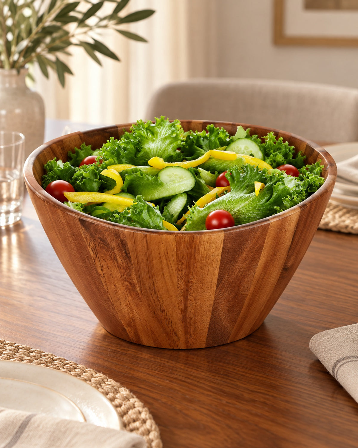Acacia bowl filled with green salad on a walnut dining table. Food not included.