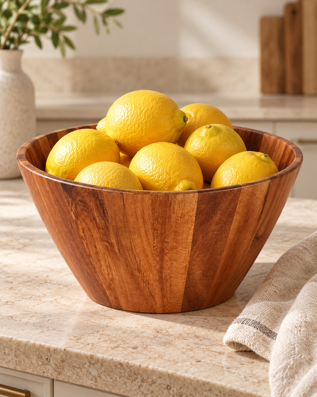 Acacia bowl with lemons on a kitchen counter. Food not included.