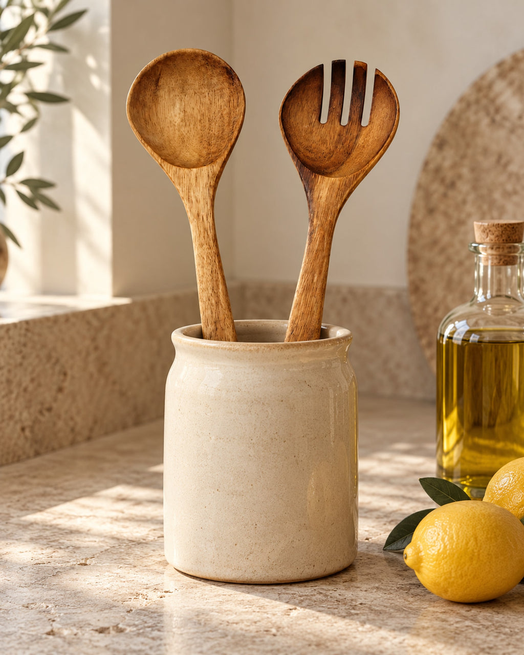 Acacia salad servers in a ceramic utensil jar on a stone worktop.
