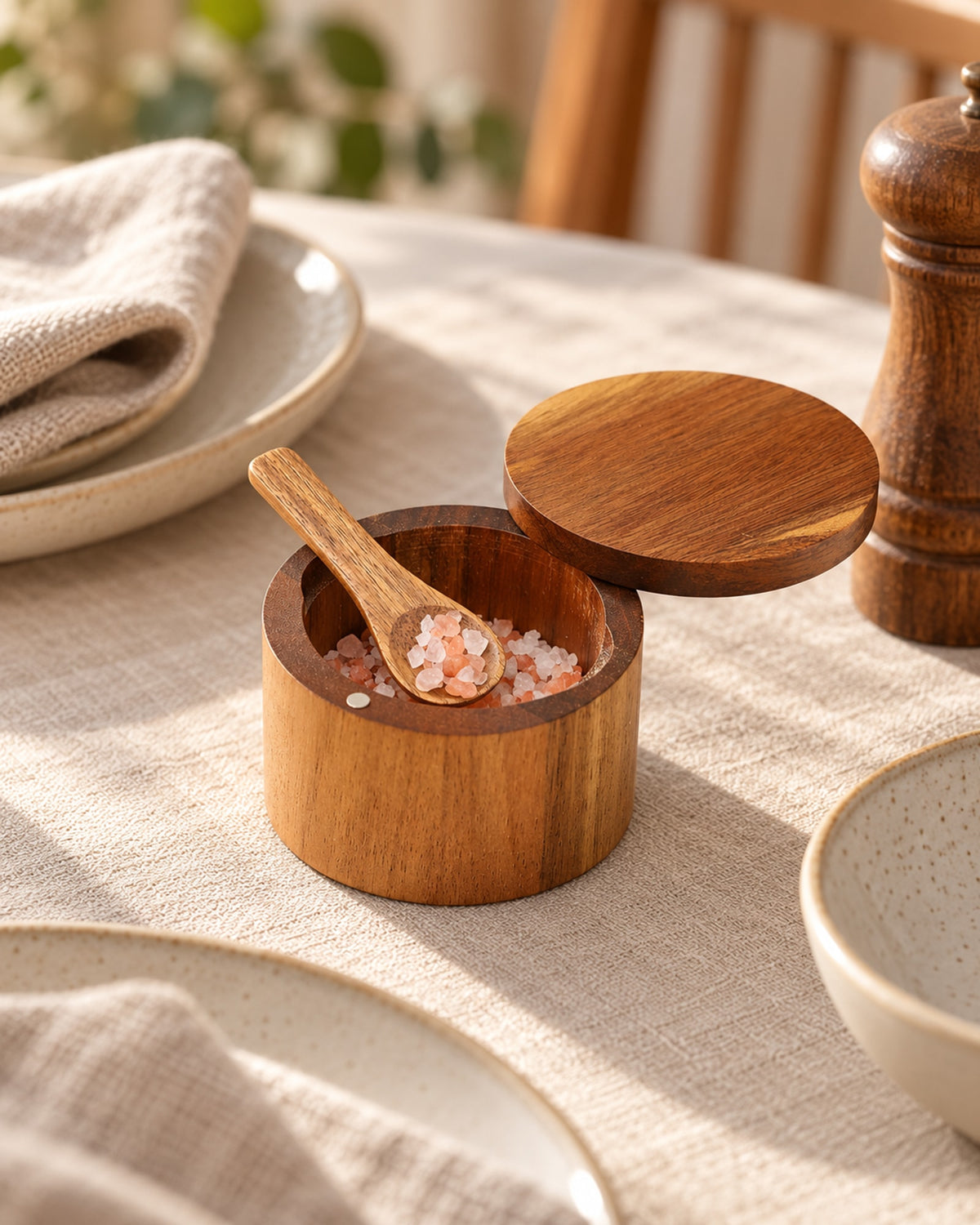 Acacia salt cellar on a dining table set for two.