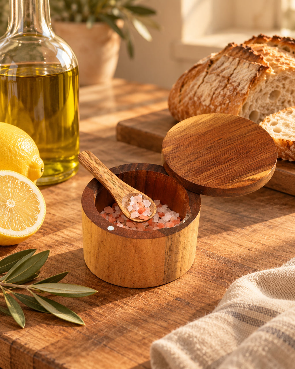 Acacia salt cellar beside olive oil, lemons and bread on a wooden worktop.