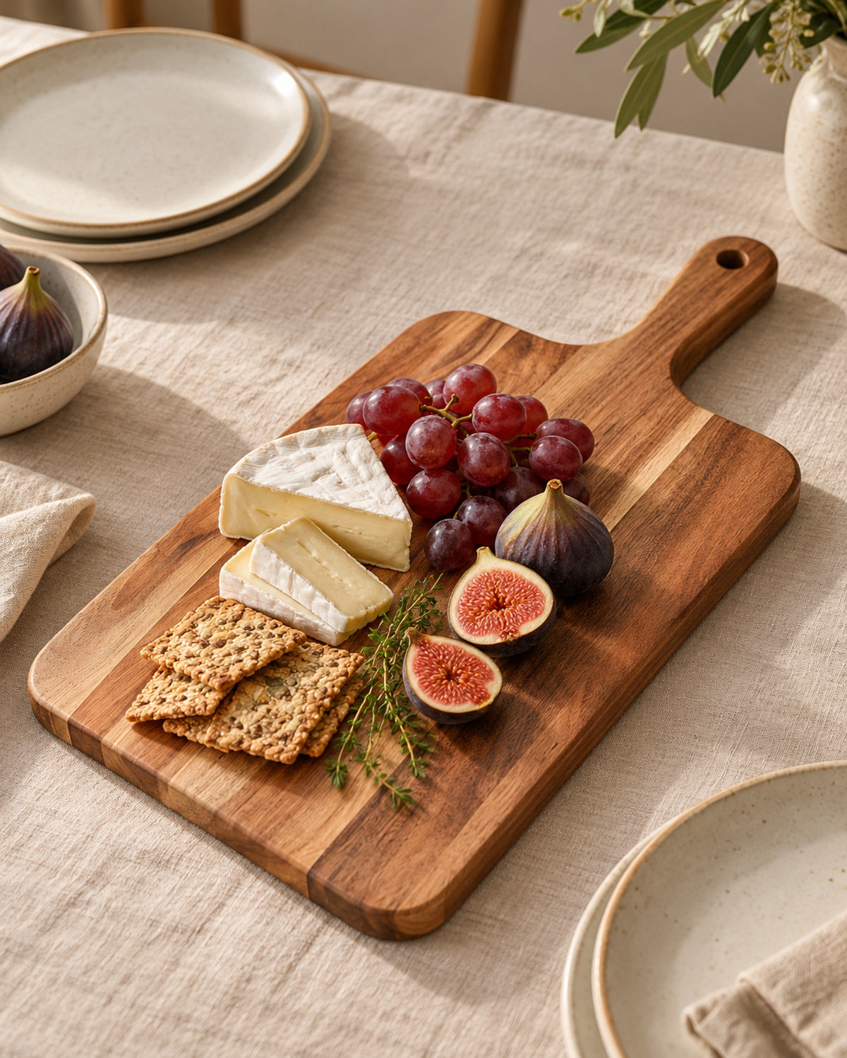 Acacia serving board with cheese, grapes and figs on a linen-covered table. Food not included.