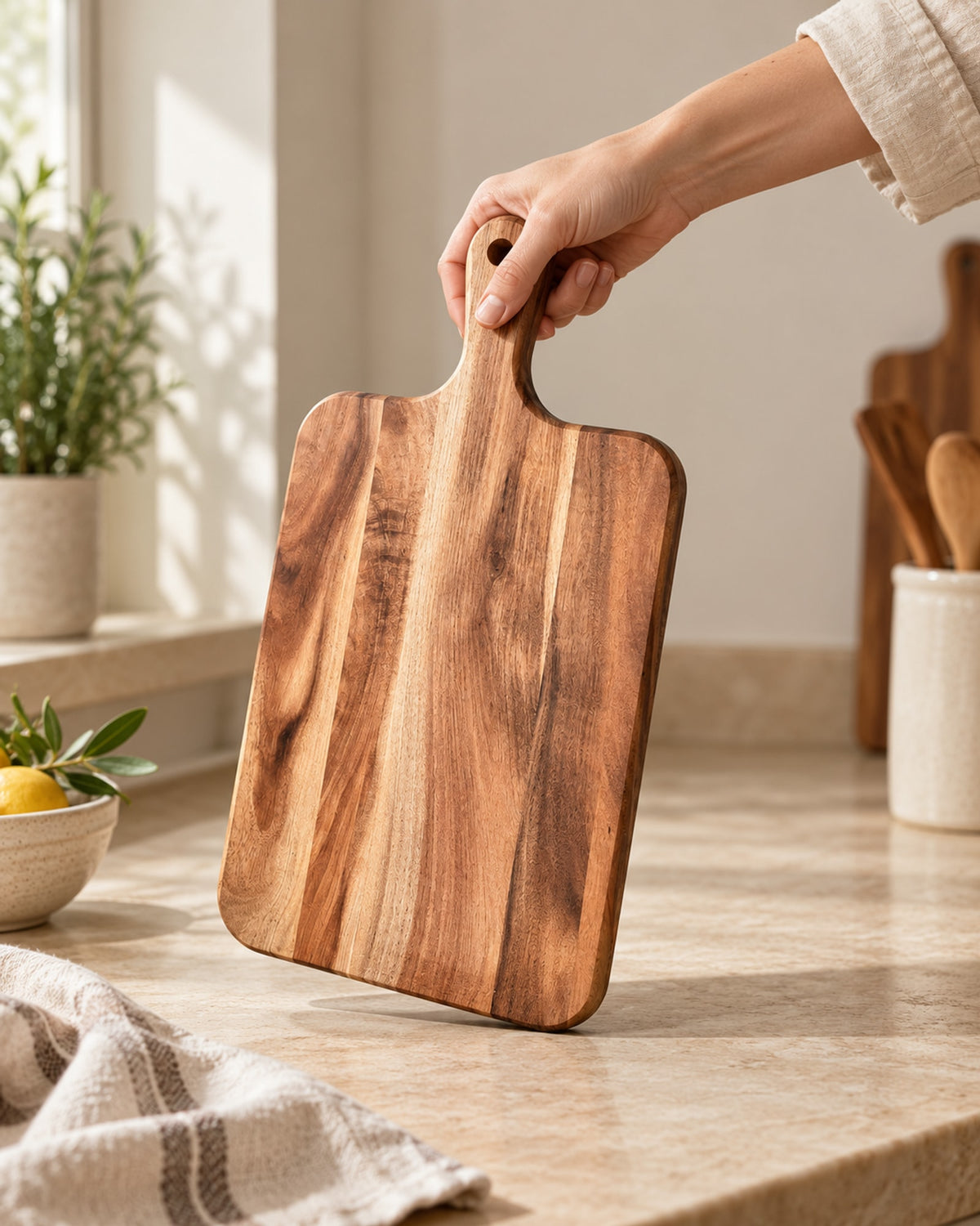 Hand lifting the acacia serving board by its handle.