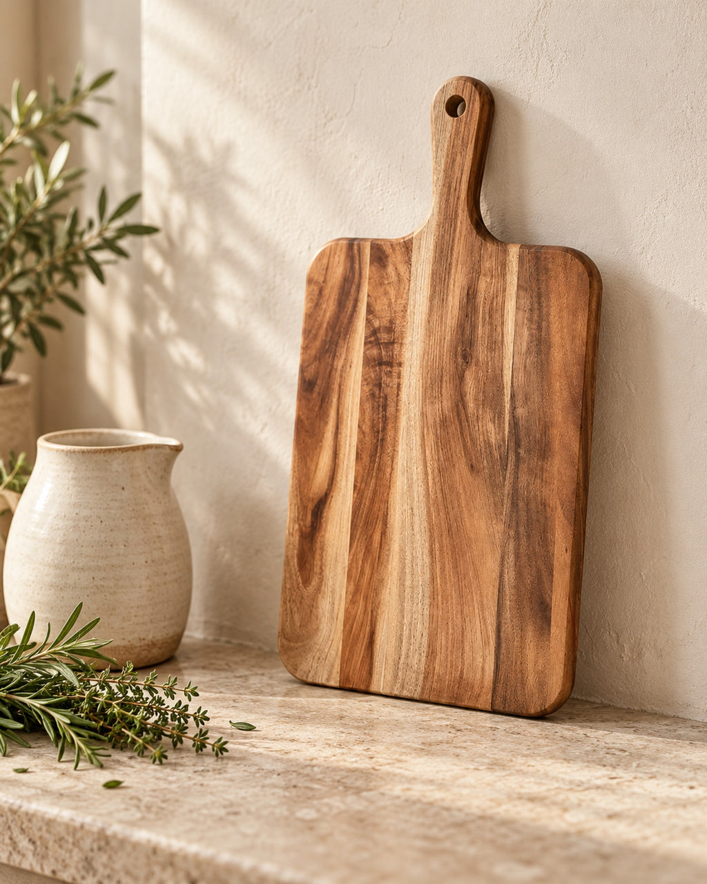 Acacia serving board leaning against a pale kitchen wall on a stone worktop.