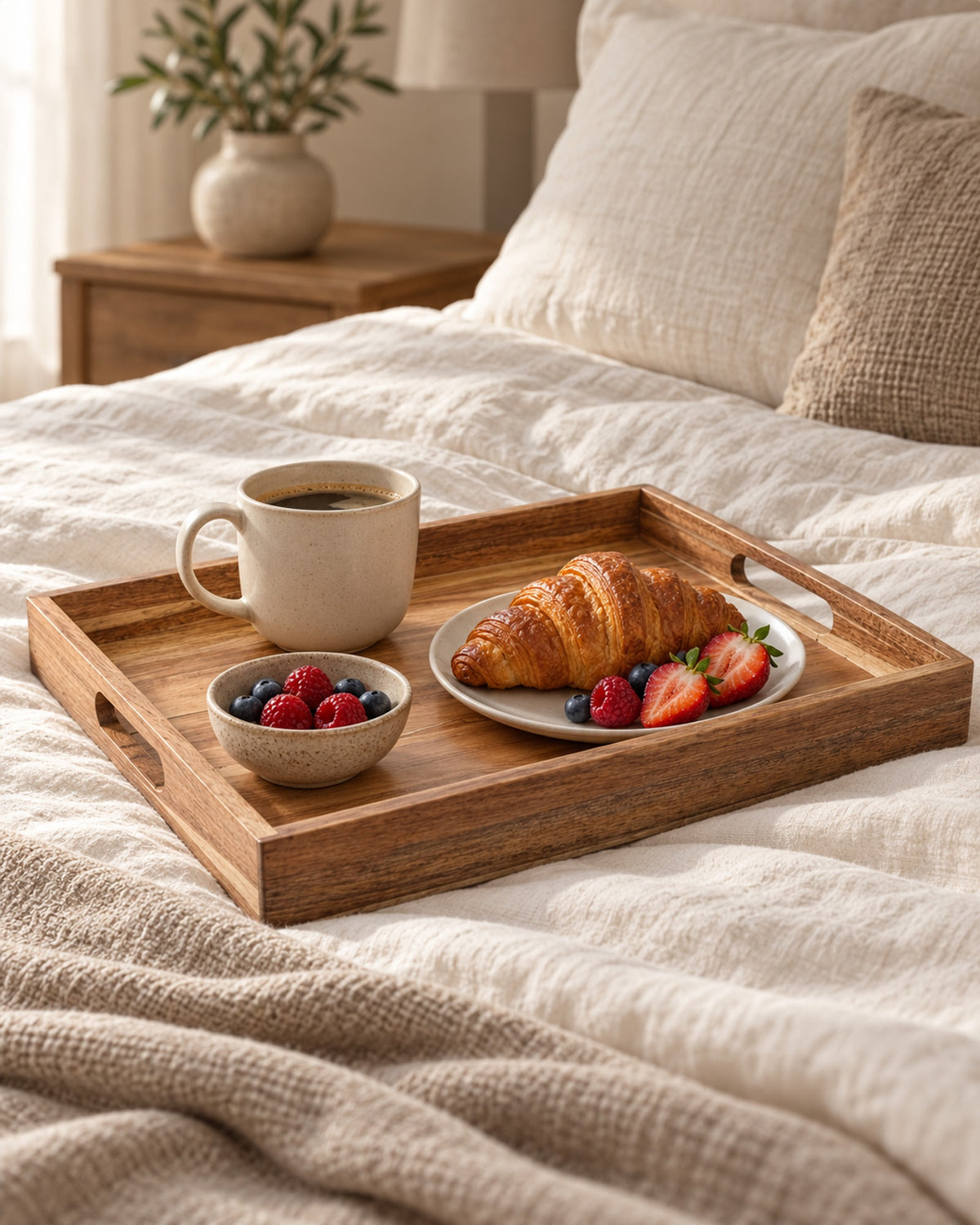 Acacia tray on a bed holding coffee, a croissant and fruit. Food and tableware not included.