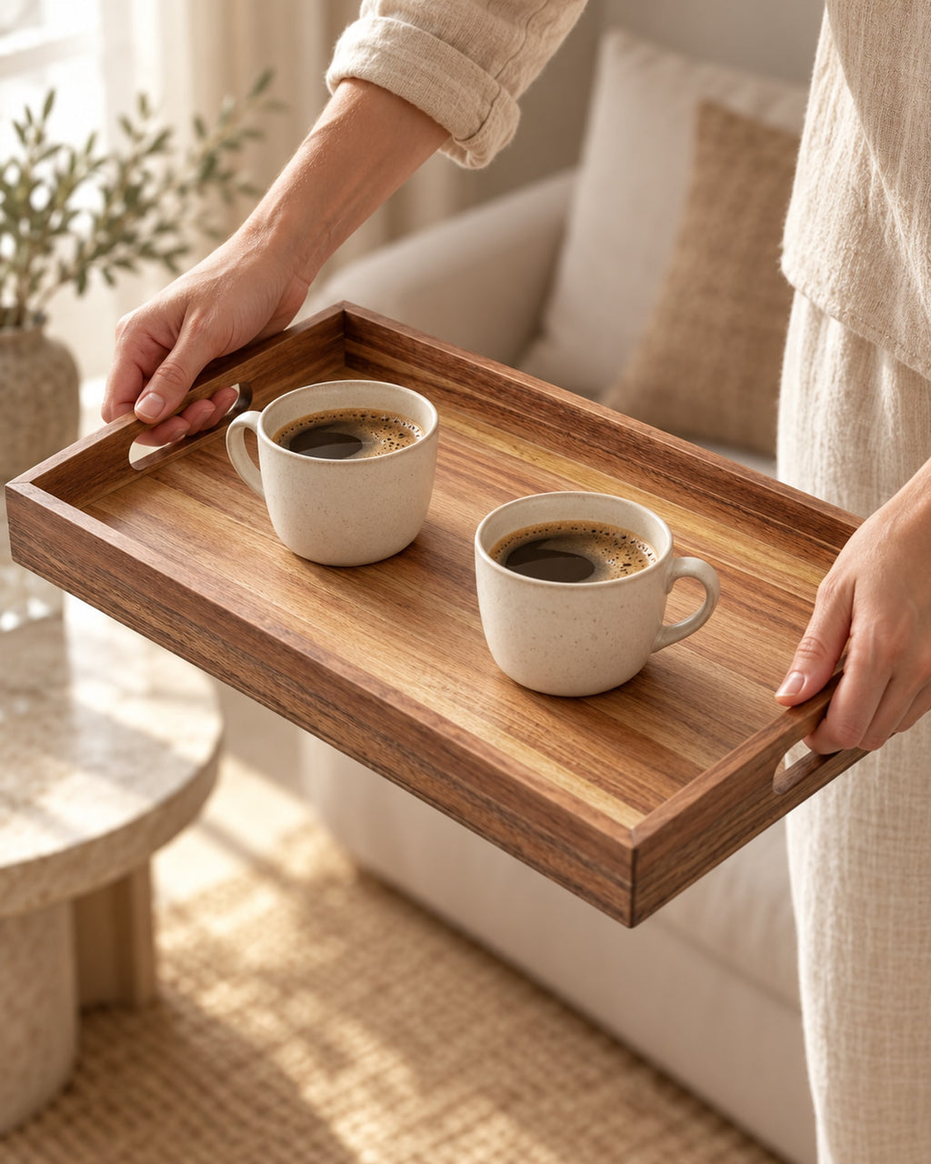 Hands carrying the acacia tray by its handles with two cups of coffee.