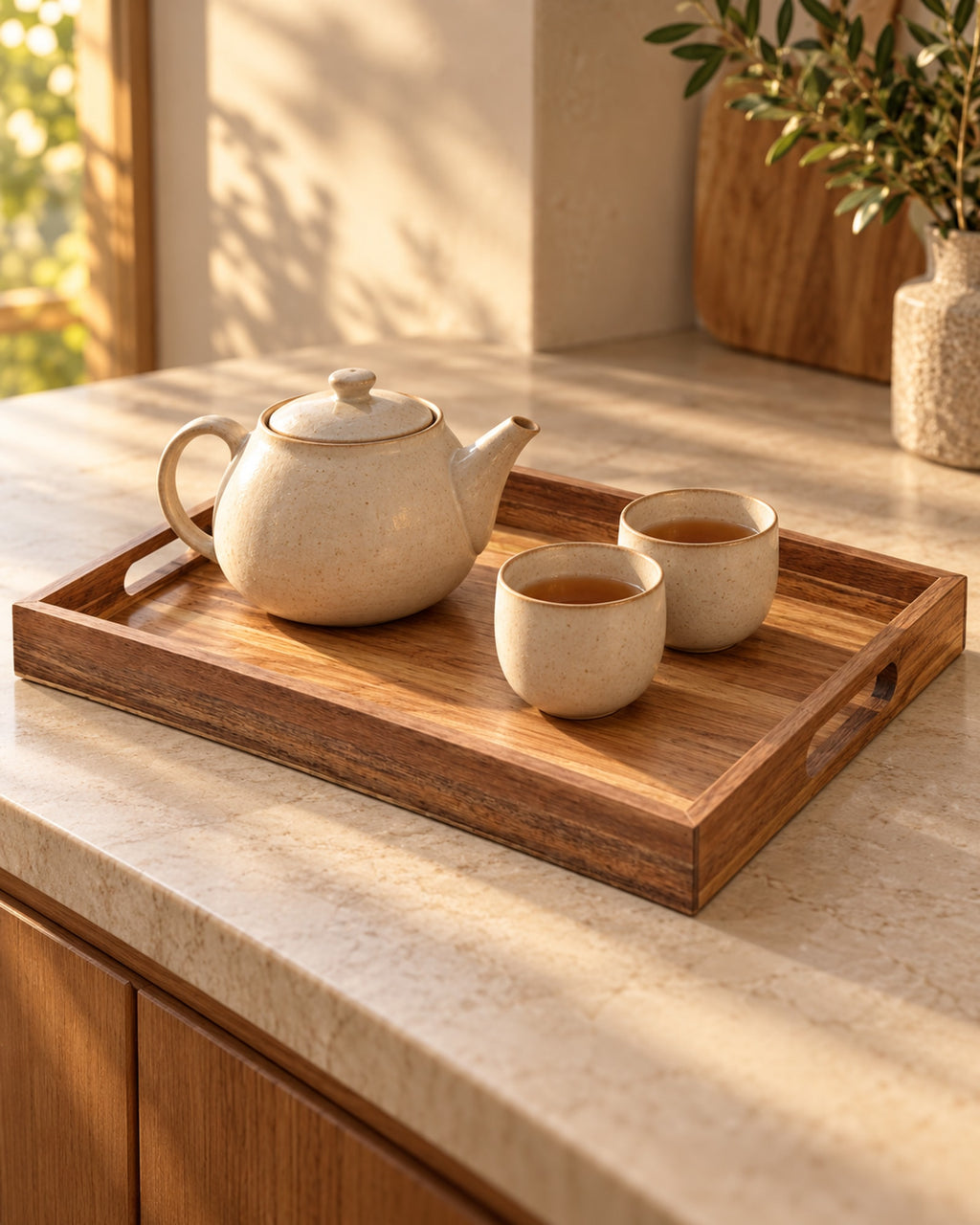 Acacia tray with a teapot and cups on a kitchen counter at golden hour. Tableware not included.