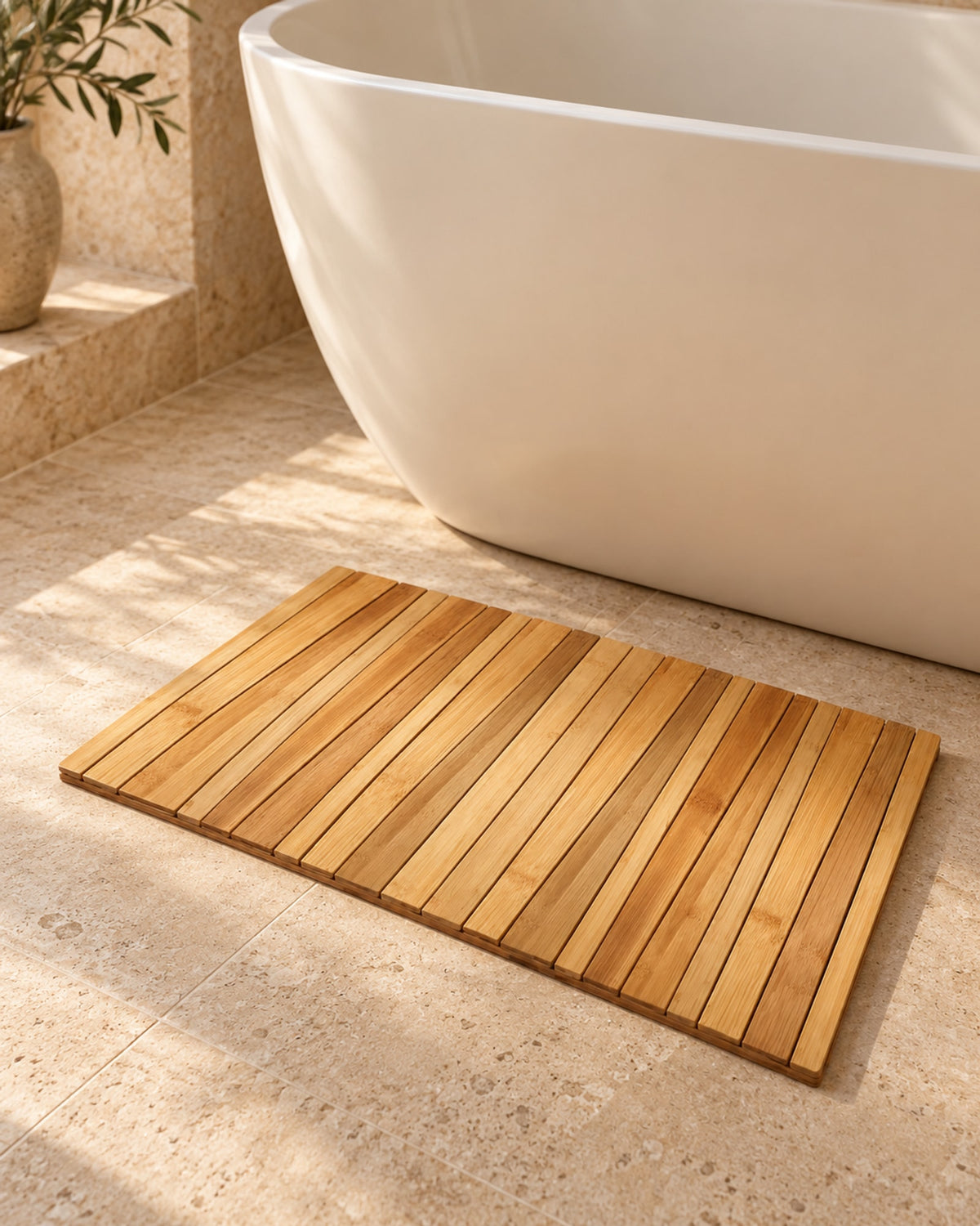 Bamboo bath mat in front of a freestanding bath on a limestone floor.