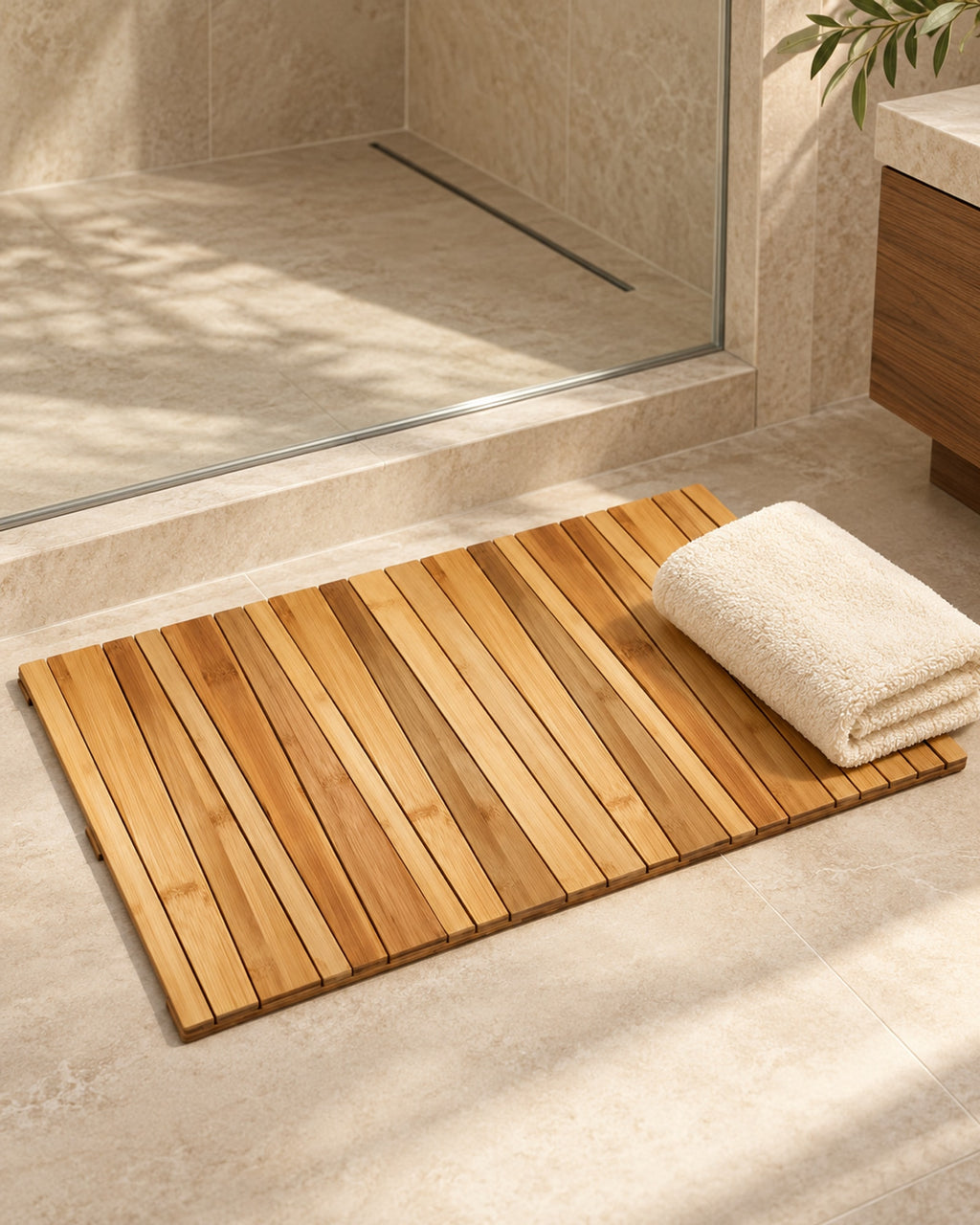 Bamboo bath mat in front of a walk-in shower with a folded towel. Towel not included.