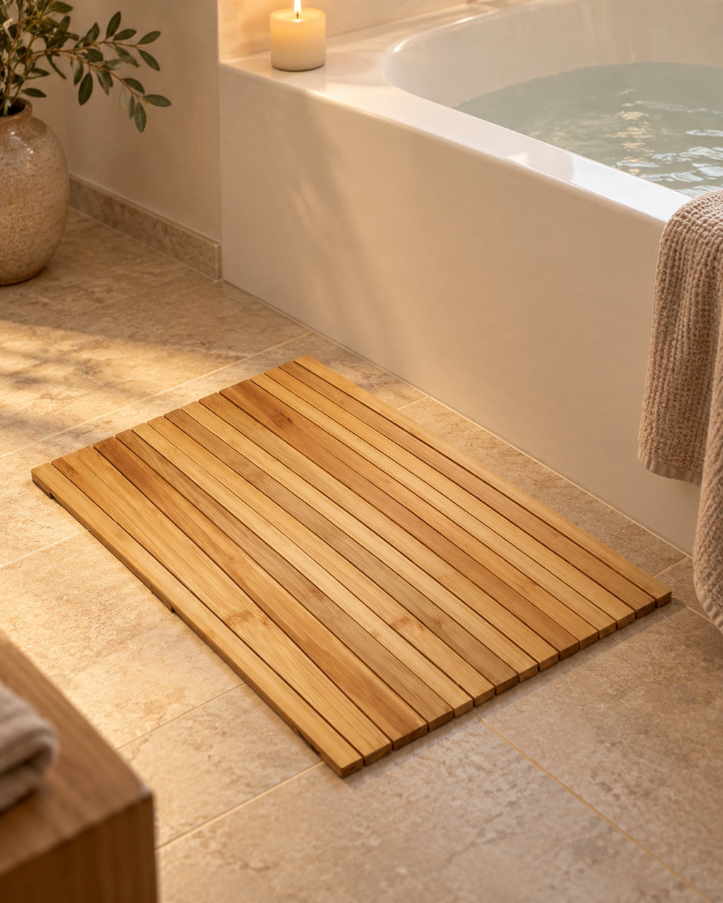 Bamboo bath mat beside a bath in evening light.