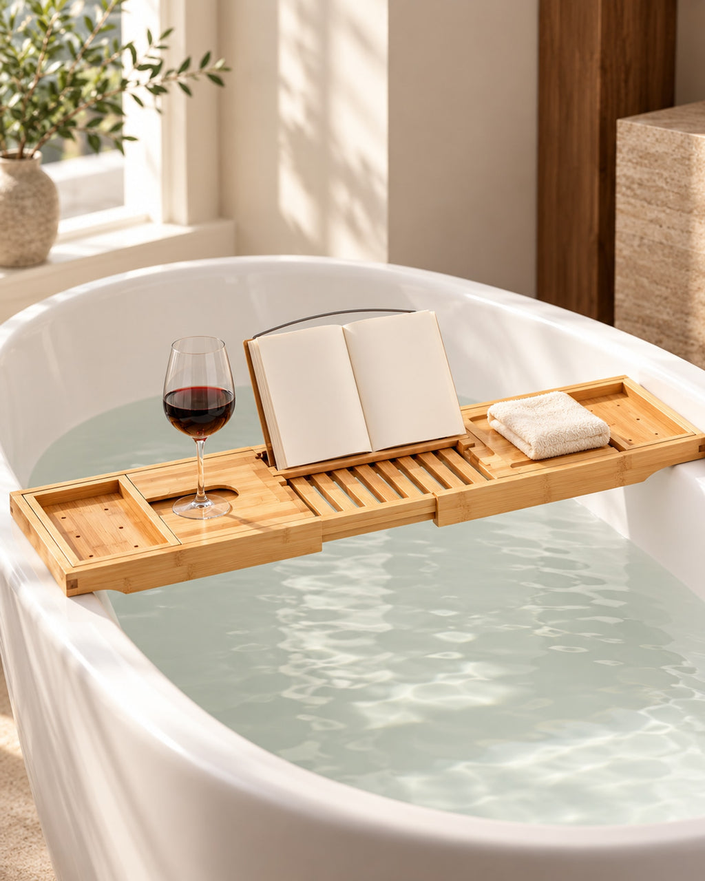 Bamboo caddy across a white bath with a book, a glass of wine and a towel. Accessories not included.