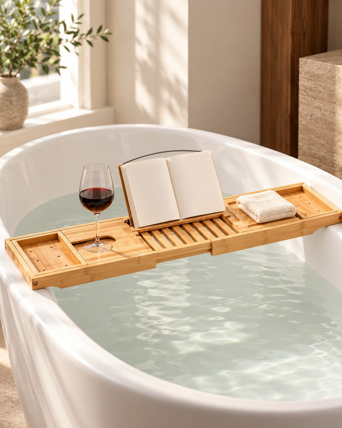 Bamboo caddy across a white bath with a book, a glass of wine and a towel. Accessories not included.