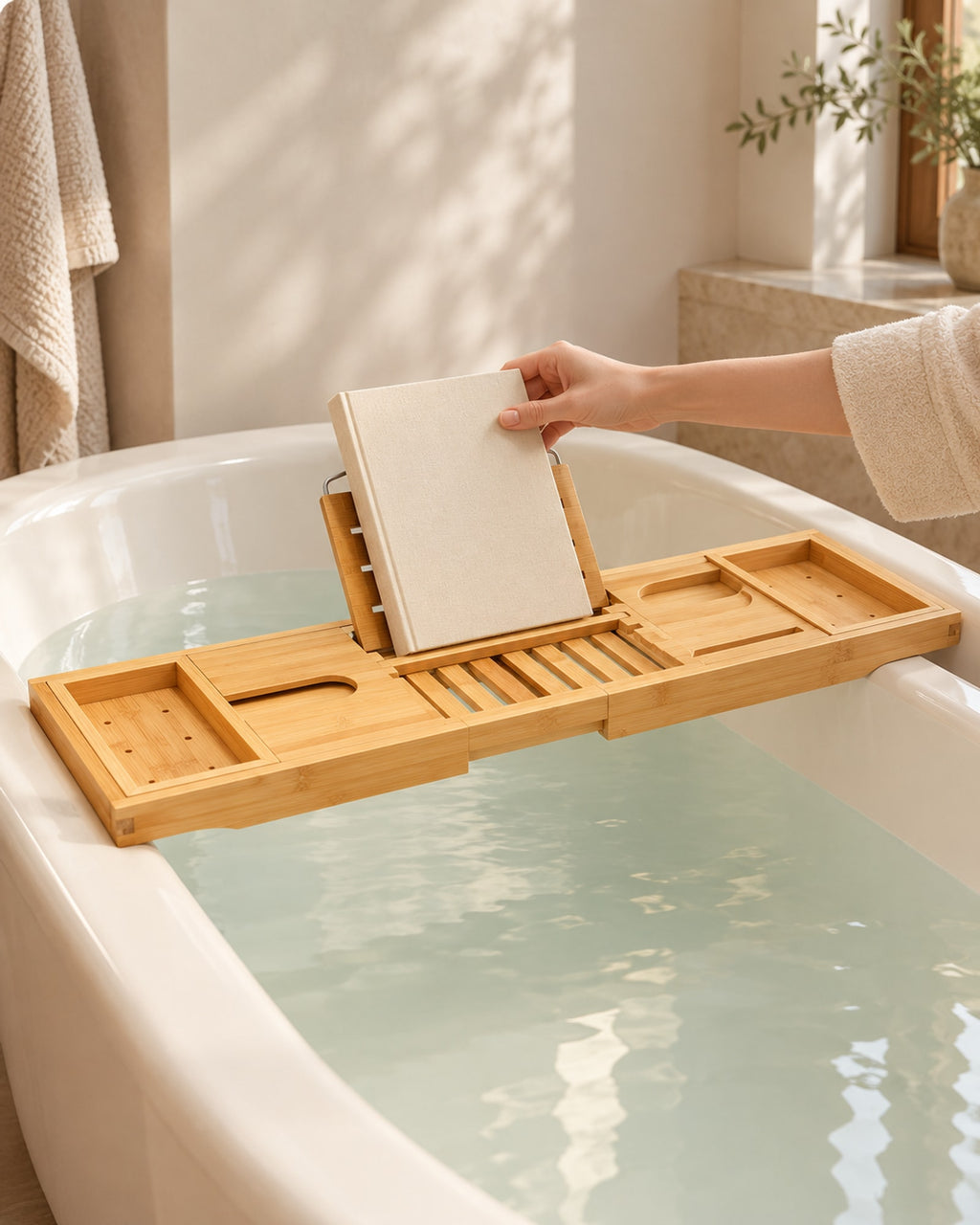 Hand placing a book on the stand of the bamboo caddy over the bath.