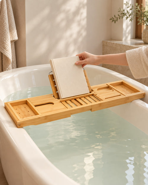 Hand placing a book on the stand of the bamboo caddy over the bath.