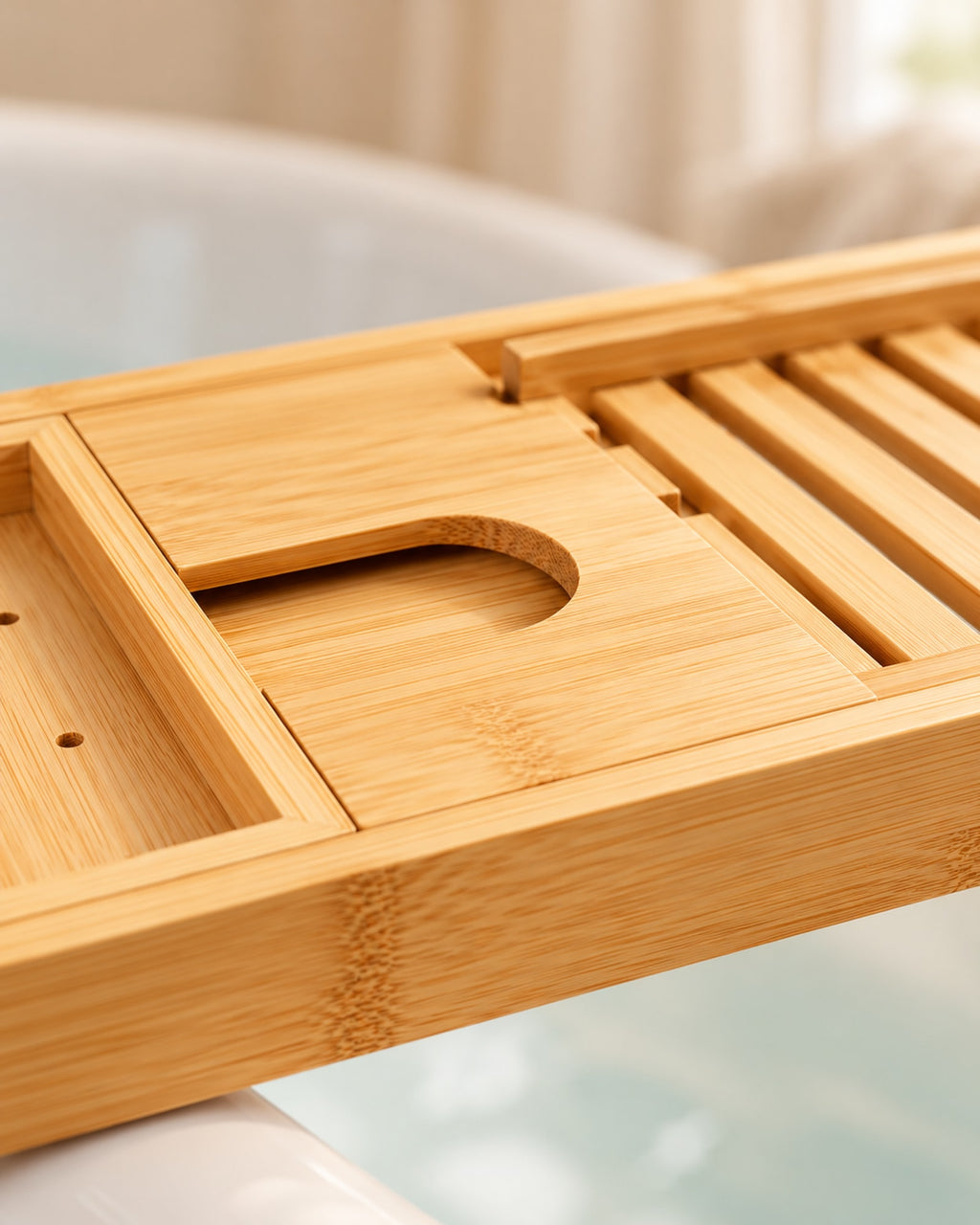 Close-up of the bamboo grain and wine glass slot.