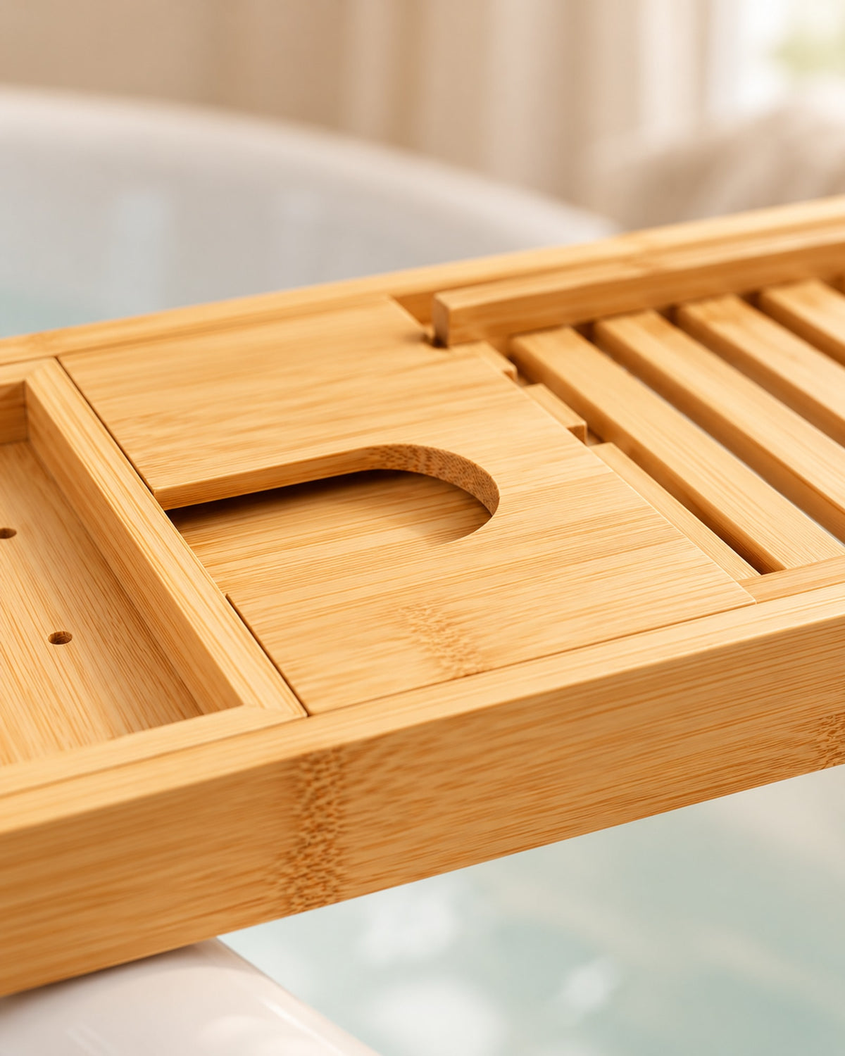 Close-up of the bamboo grain and wine glass slot.