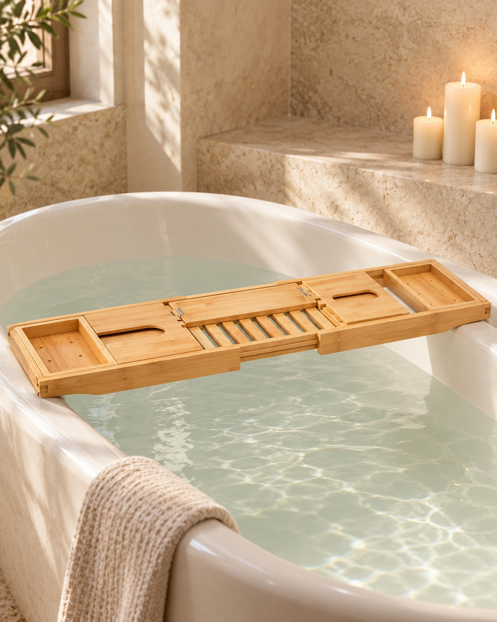 Bamboo caddy across a bath in a limestone bathroom with candles. Candles not included.