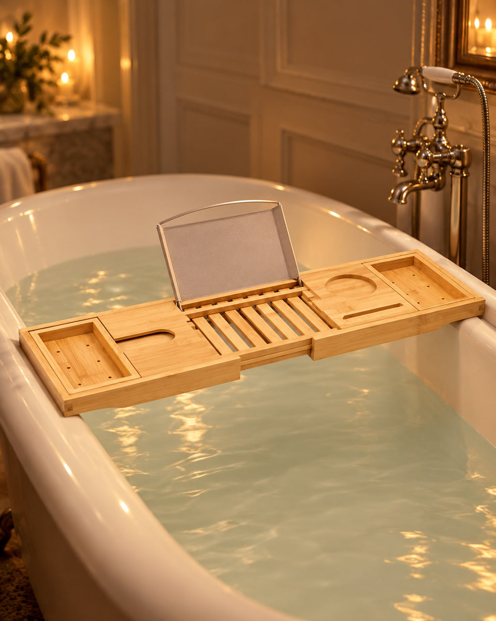 Bamboo caddy over a bath in candlelight. Candles not included.