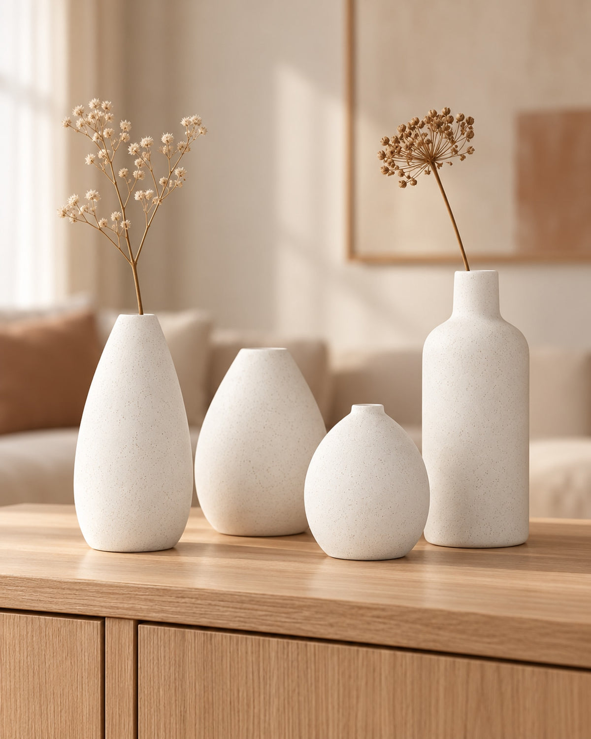 Four bud vases on an oak sideboard, two with dried stems. Stems not included.