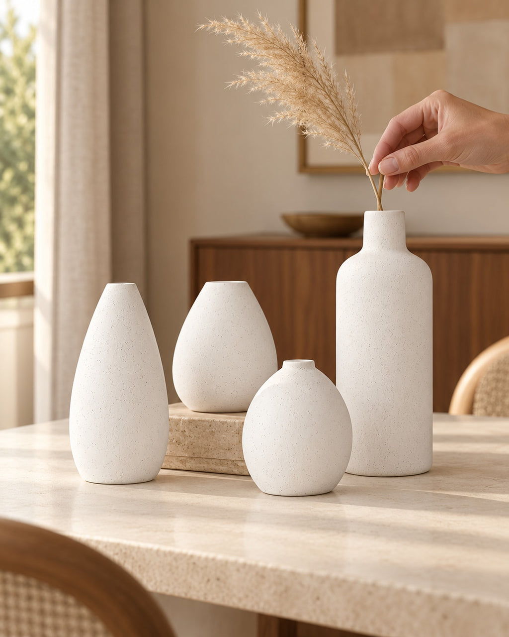 Hand placing a dried grass stem into the bottle-shaped vase.