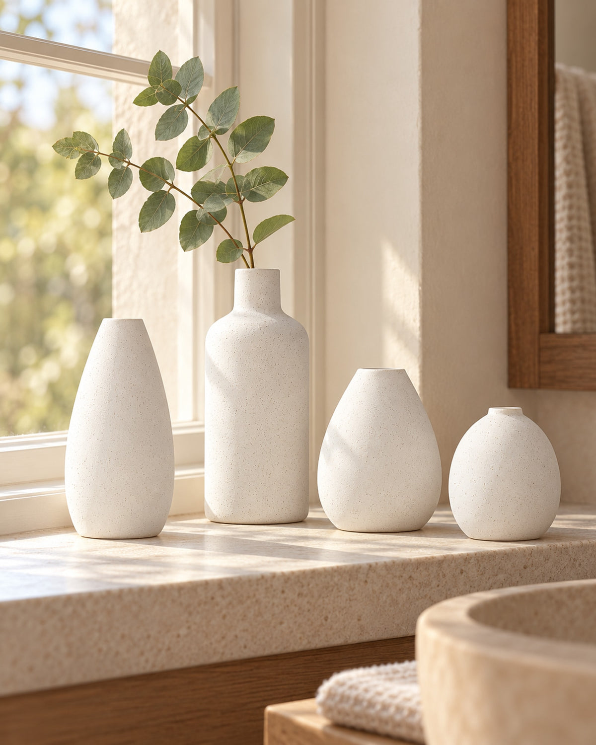 Bud vases on a bathroom windowsill with a sprig of eucalyptus.