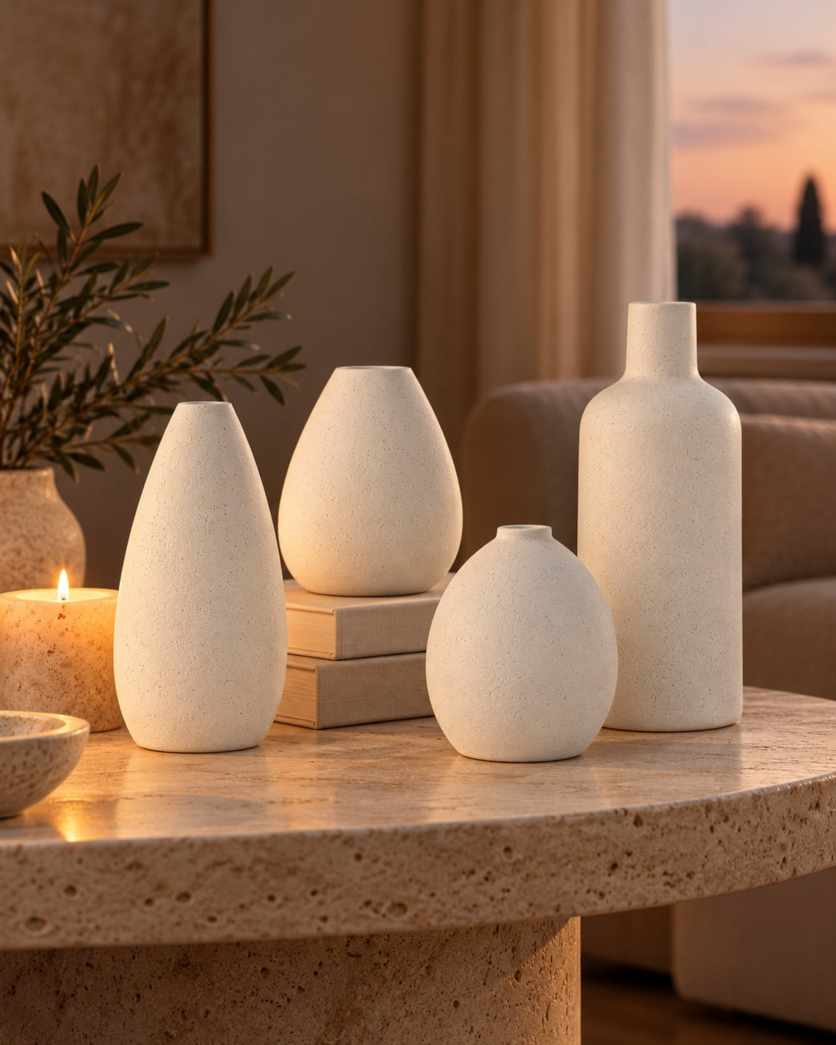 Four bud vases on a travertine side table beside a lit candle and books.