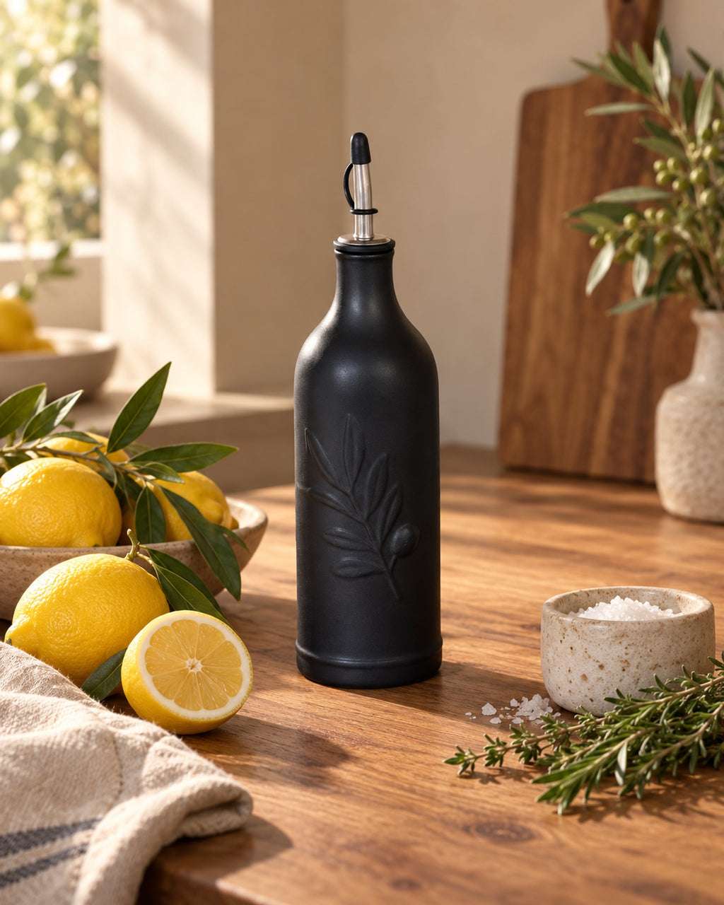 Black ceramic oil bottle with lemons and herbs on a wooden worktop.