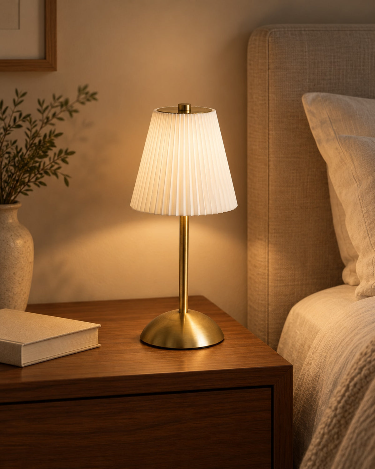 Pleated table lamp glowing on a walnut bedside table.