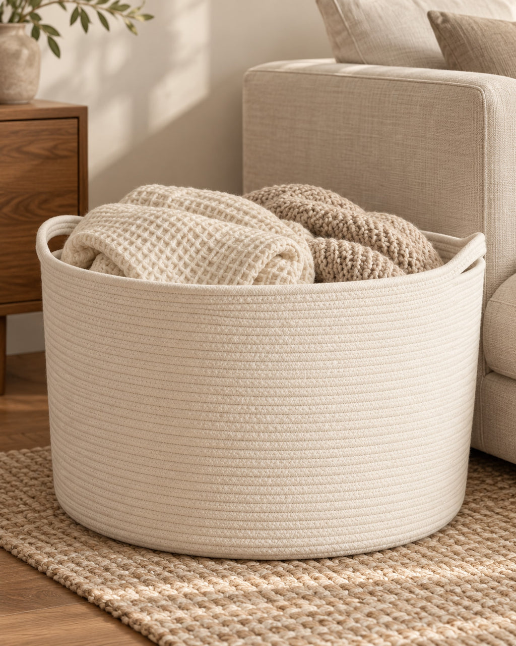 Cotton rope basket beside a linen sofa holding folded throws. Throws not included.