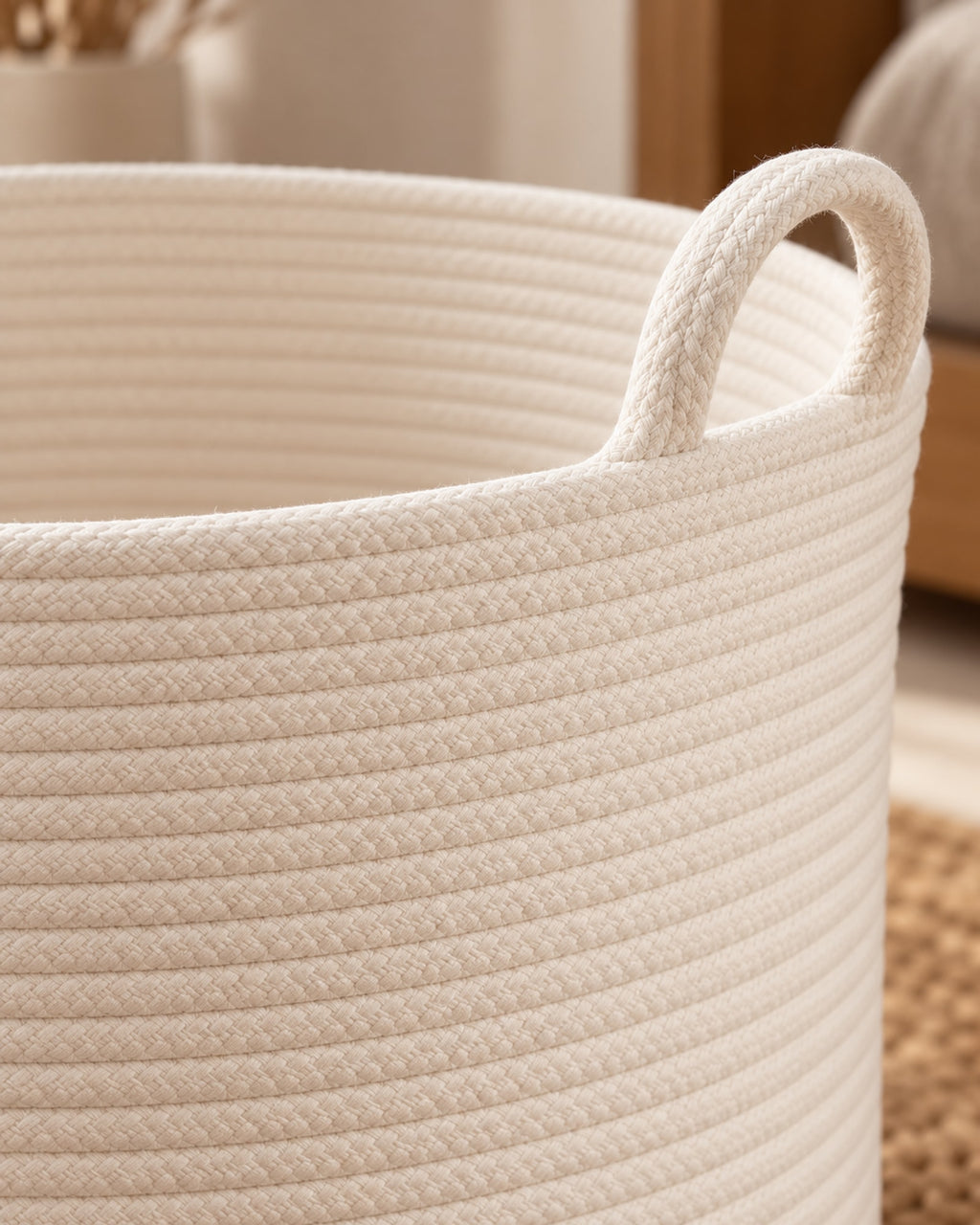 Close-up of the coiled cotton rope and a handle.