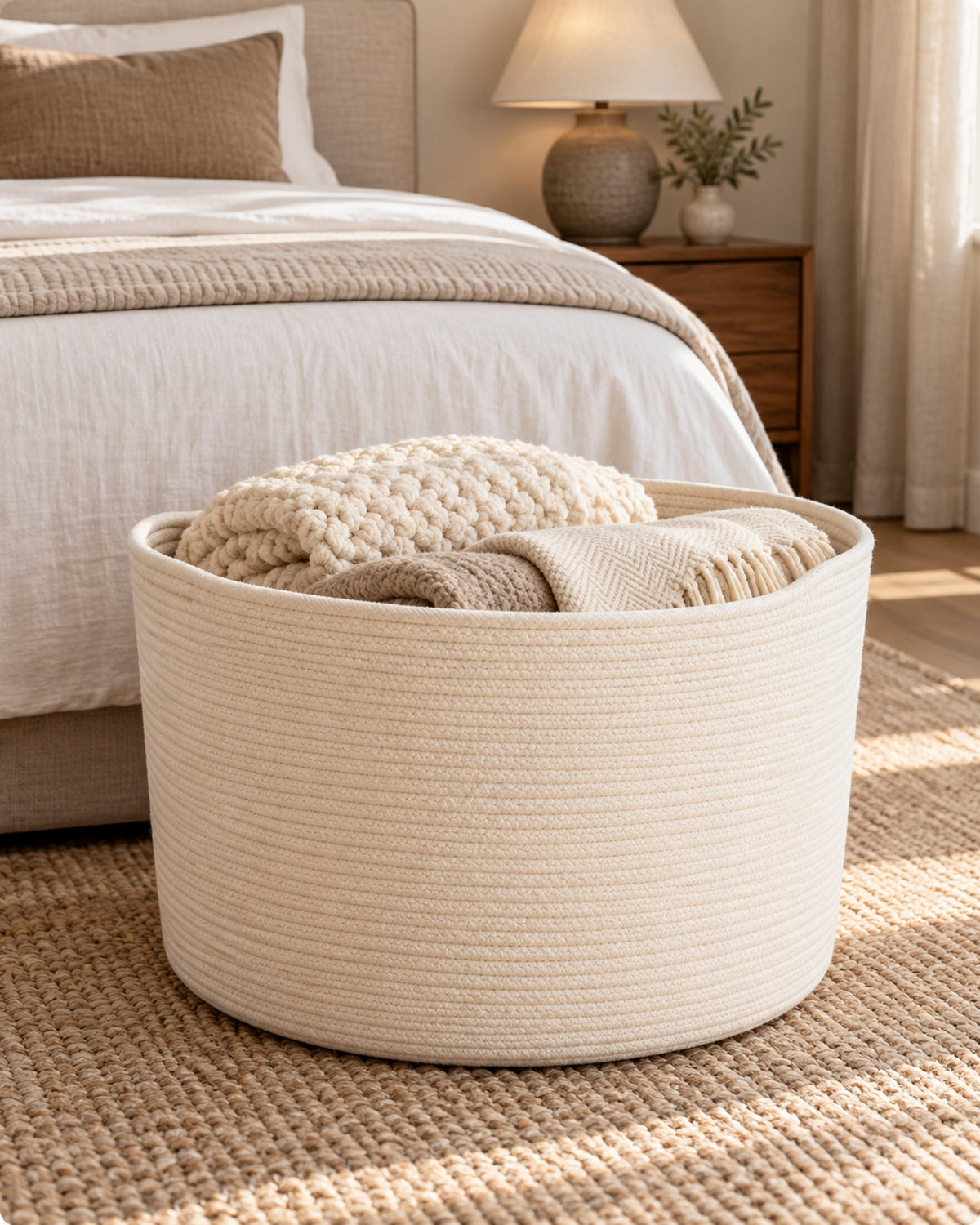 Cotton rope basket at the foot of a bed holding blankets. Blankets not included.
