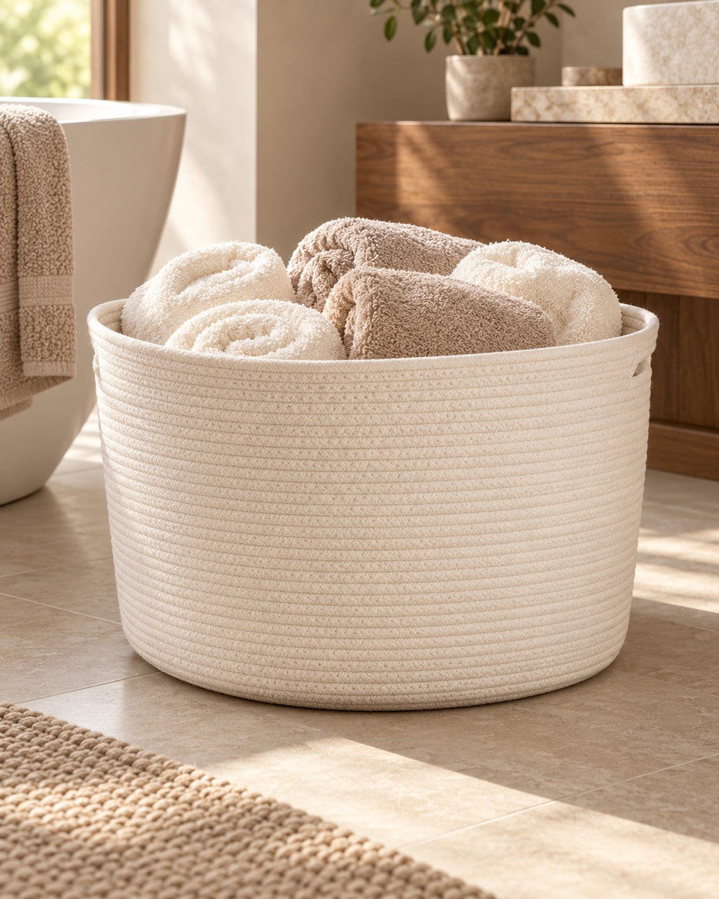 Cotton rope basket in a bathroom holding rolled towels. Towels not included.
