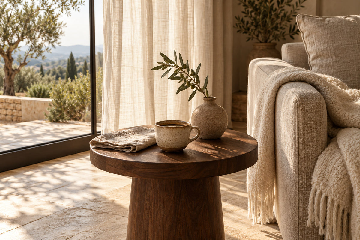 A stoneware coffee cup, a folded linen napkin and an olive sprig on a round walnut side table by a sunlit window.