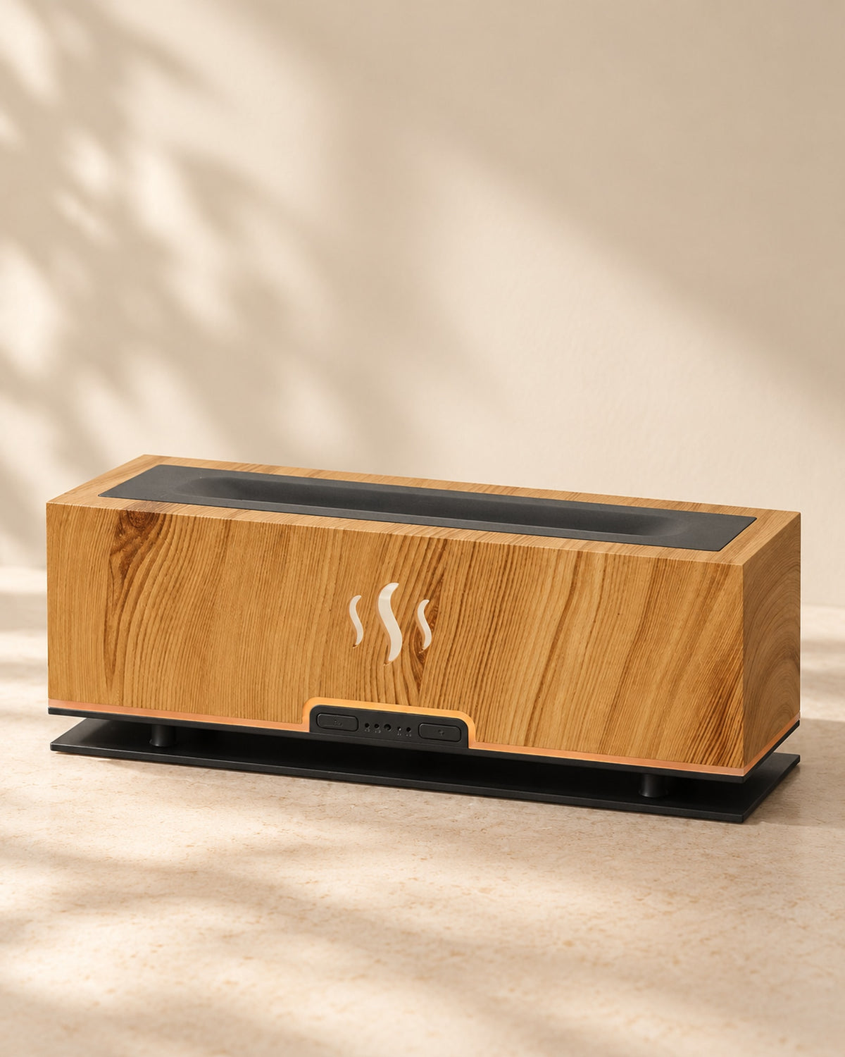 Wood-grain flame effect aroma diffuser on a warm off-white surface.