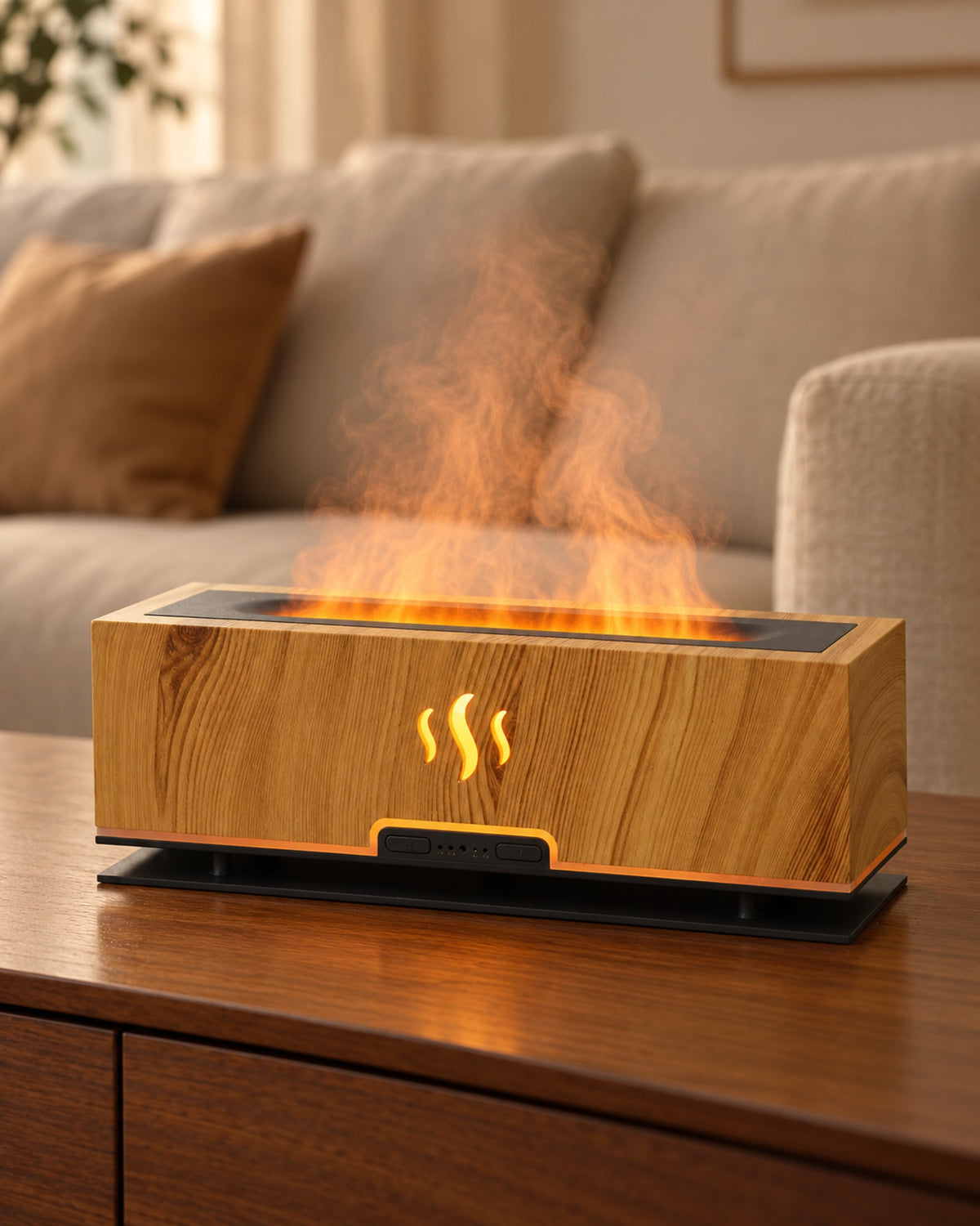 Diffuser with warm flame-like mist on a walnut sideboard in a living room.