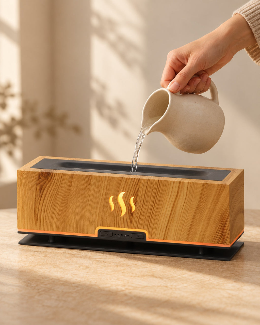 Hand pouring water from a ceramic jug into the diffuser. Jug not included.