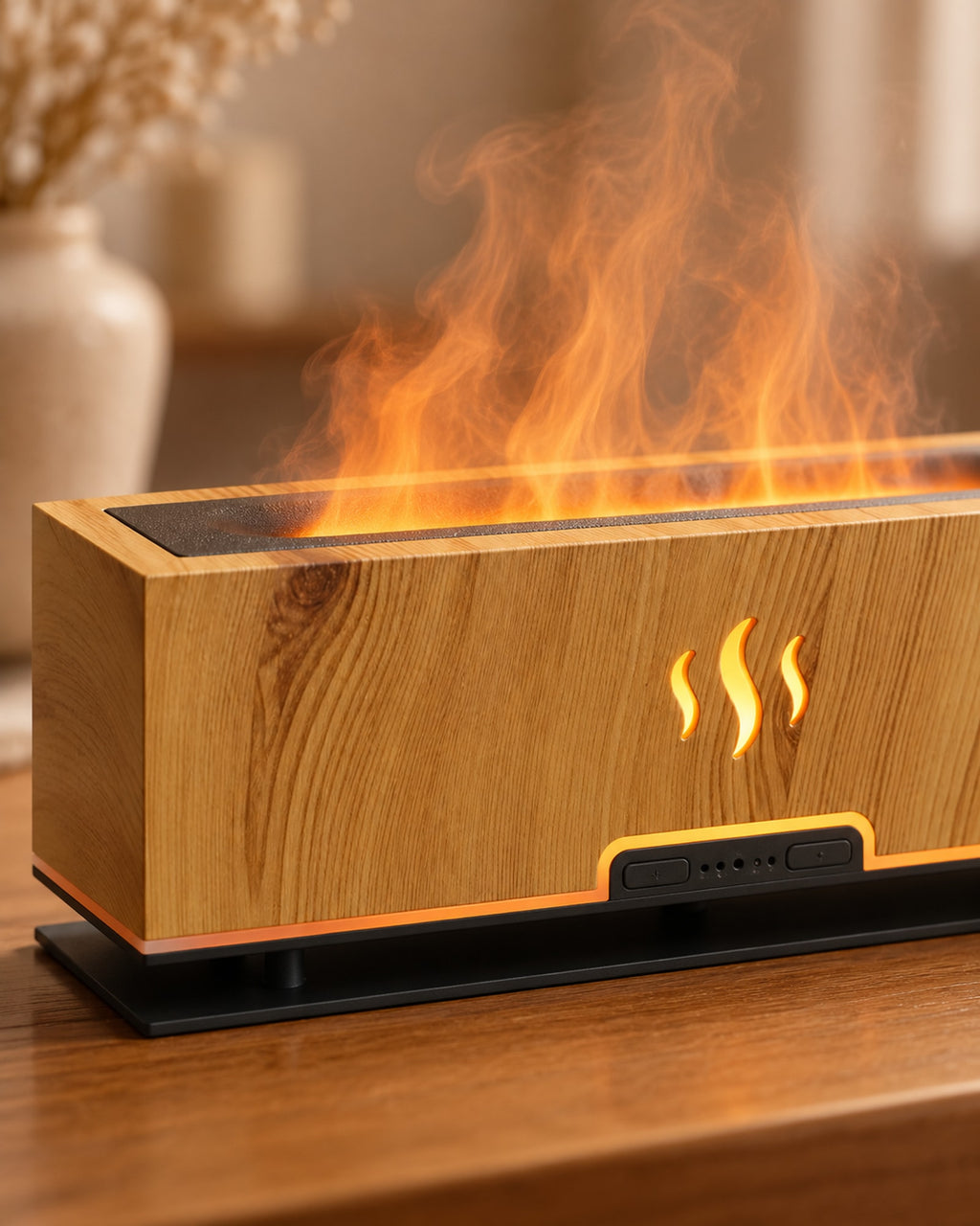 Close-up of the wood-grain side and flame-like mist of the diffuser.