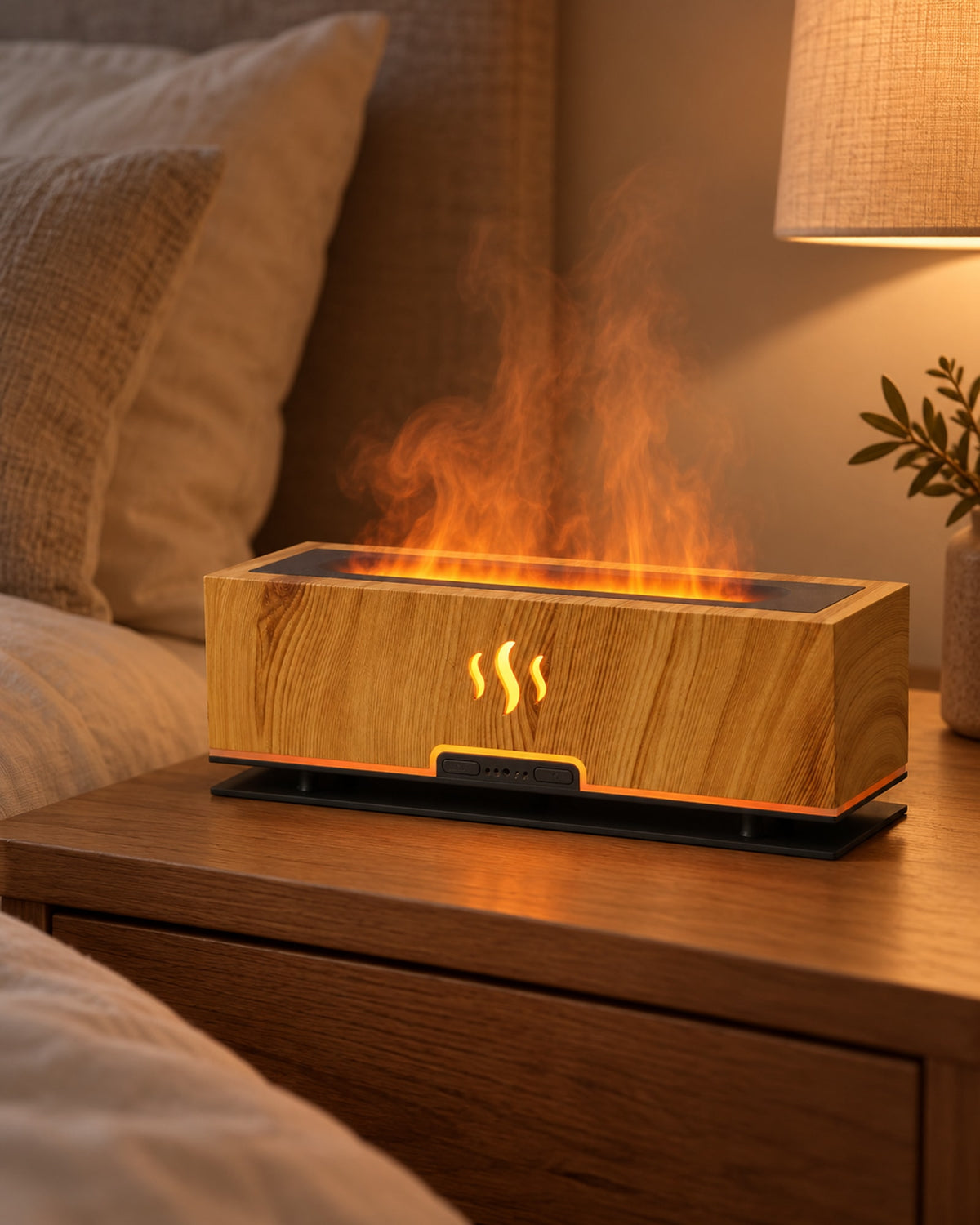 Diffuser glowing on a bedside table next to a linen bed.