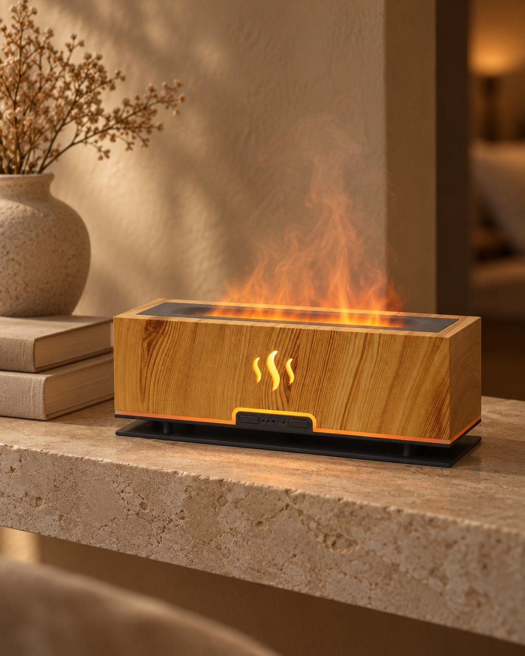 Diffuser glowing on a stone shelf beside books and a ceramic vase.