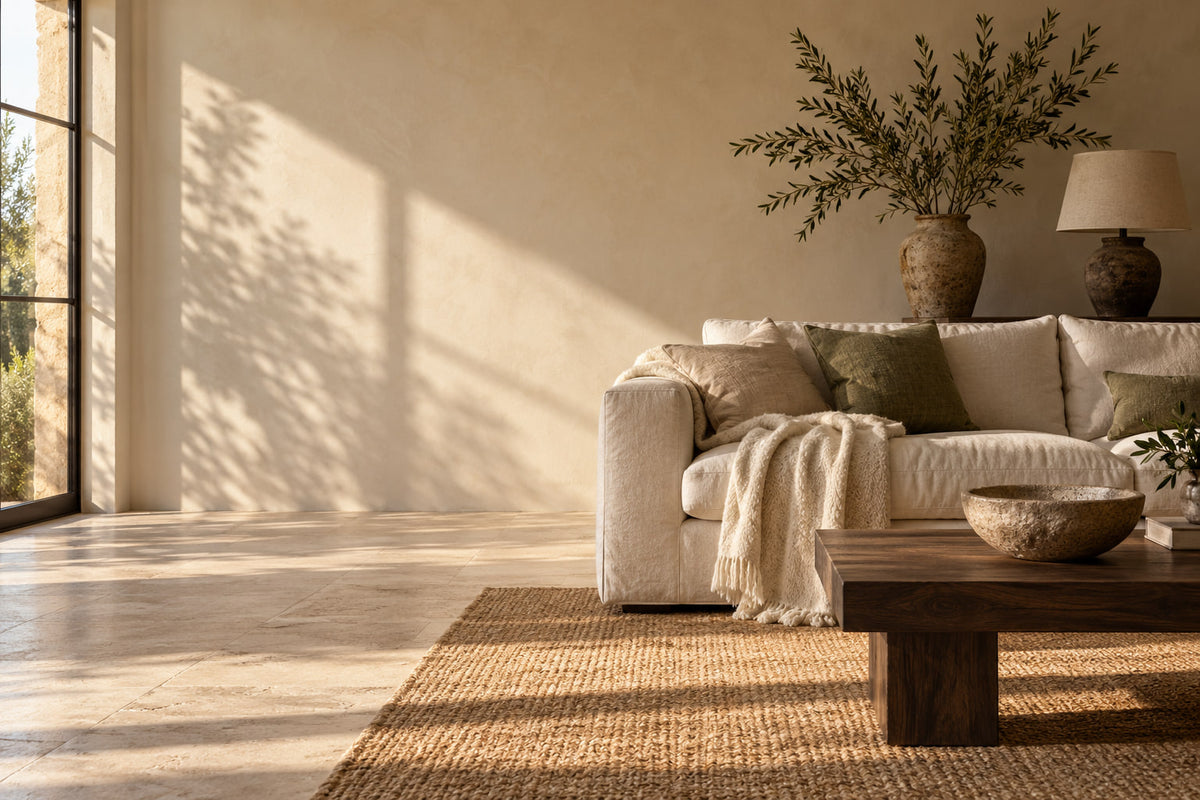 A calm living room in late-afternoon light, with a linen sofa, a walnut coffee table and a stoneware bowl.