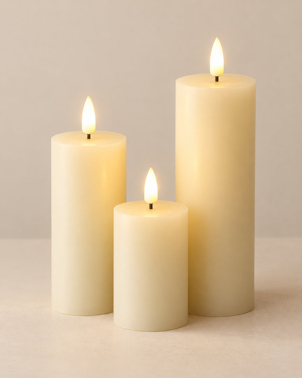 Three ivory LED pillar candles of different heights glowing on a warm off-white surface.