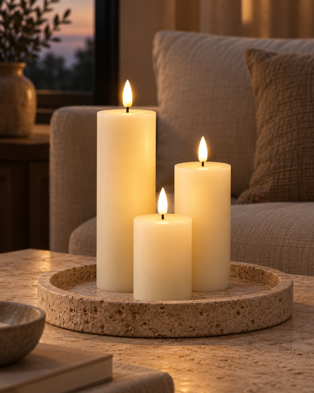 Three LED pillar candles on a travertine tray in a living room at dusk.