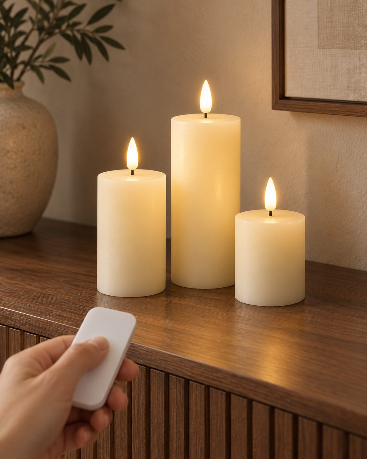 Hand pointing a small remote at three glowing LED candles on a sideboard.